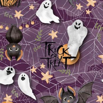 Baumwoll Druck Halloween Fledermaus, Geist, Spinnennetz auf Lila